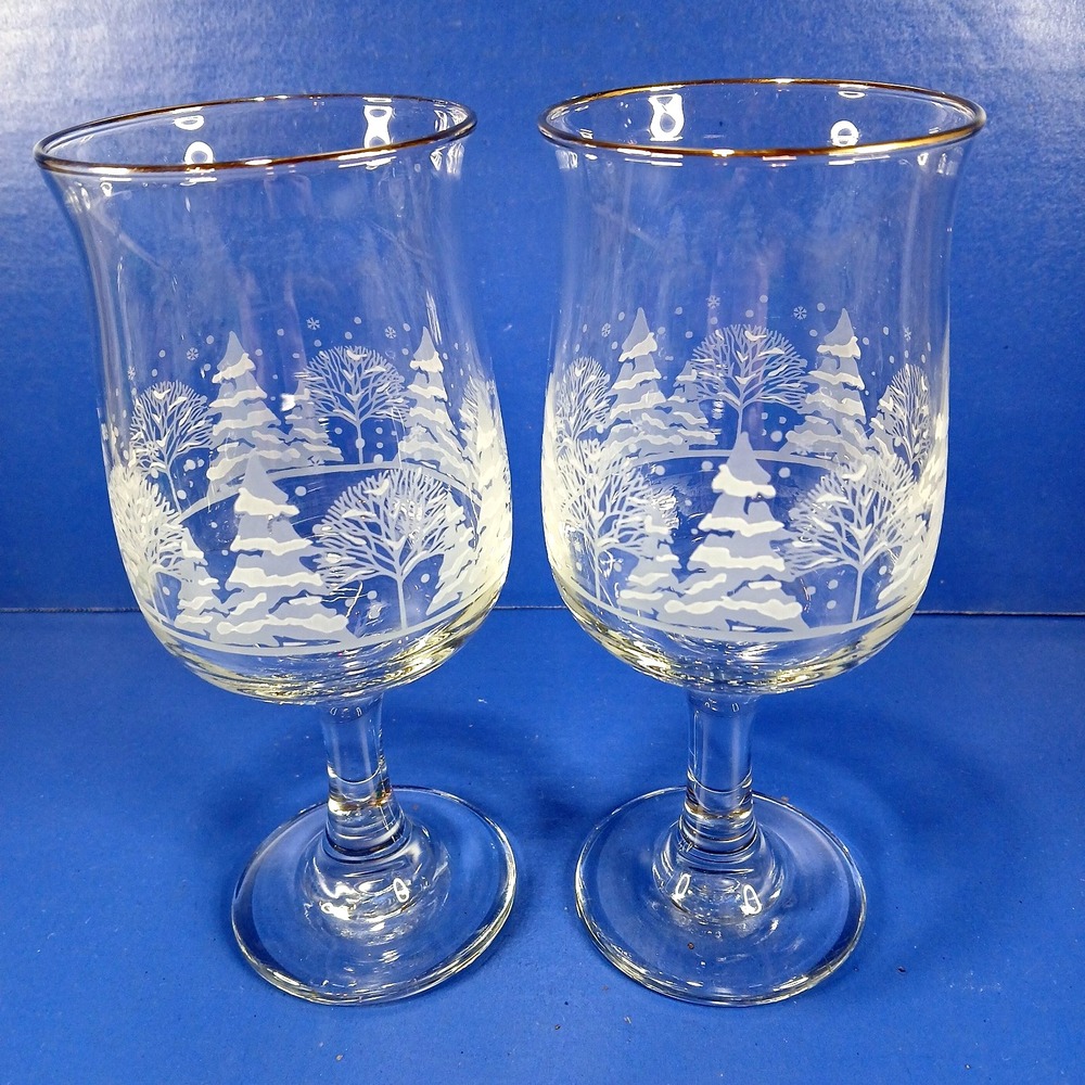 2 Arby's Water Wine Goblets Winter Wonderland Snow Frosted Trees Libbey Vintage